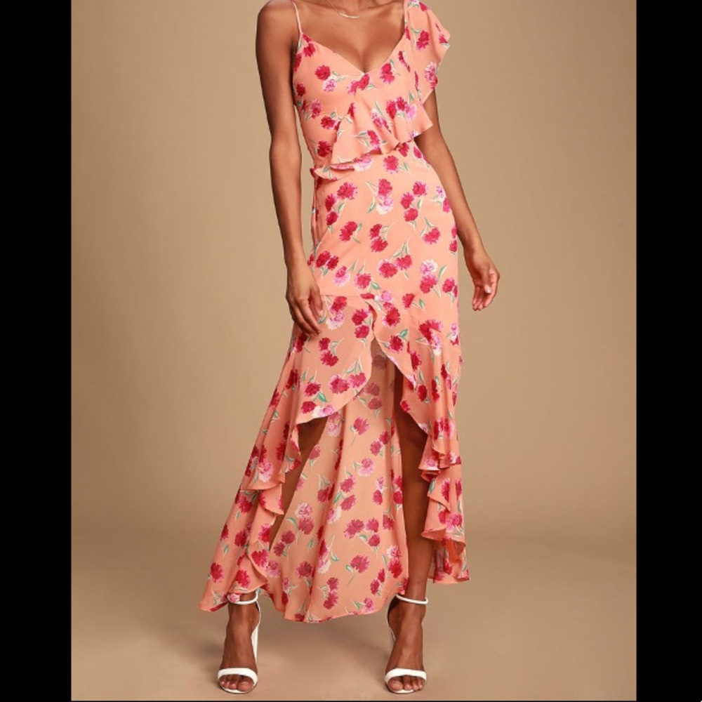 Coral Orange Floral Print Ruffled High-Low Dress